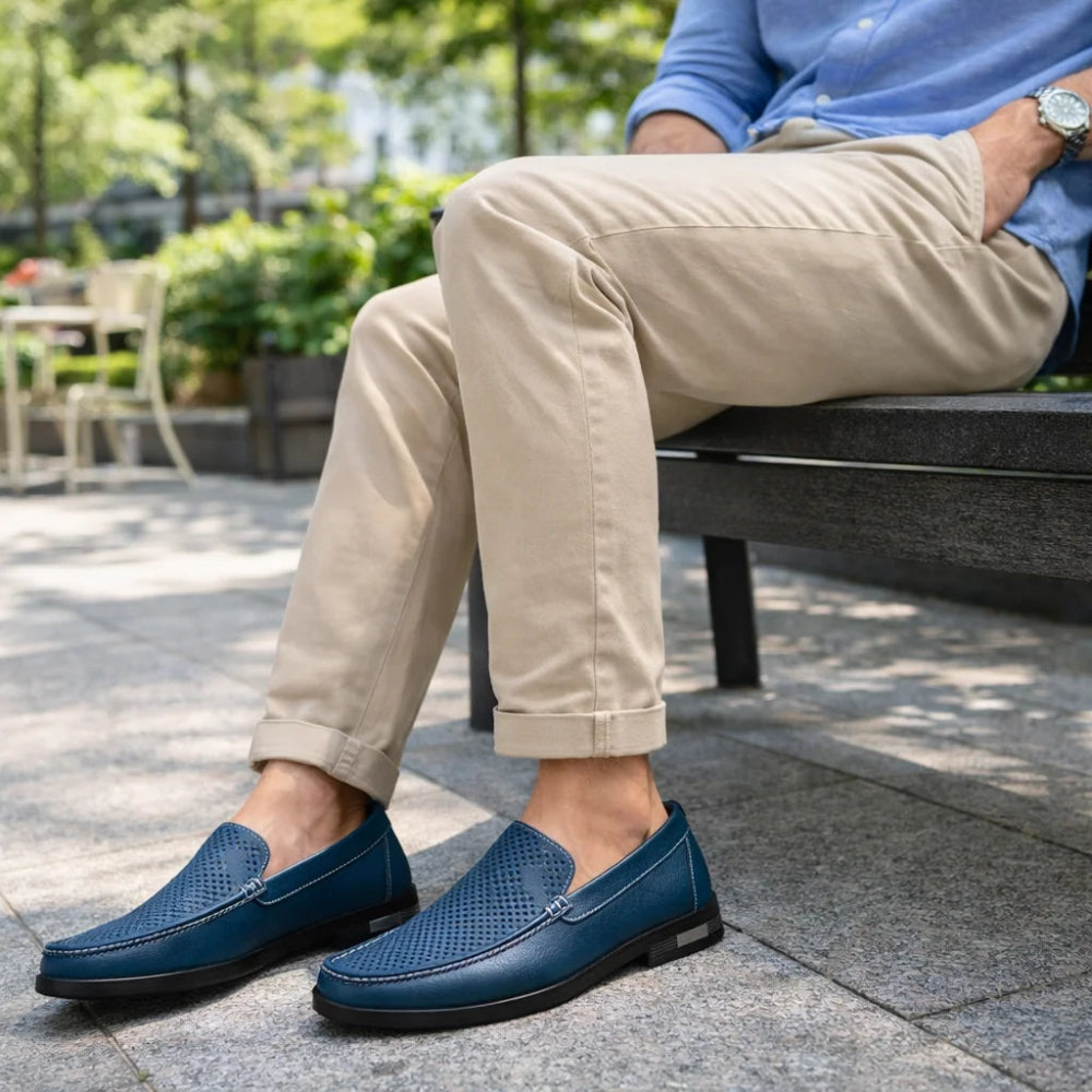 Mocassin Homme Cuir Bleu Océan estival Perforé