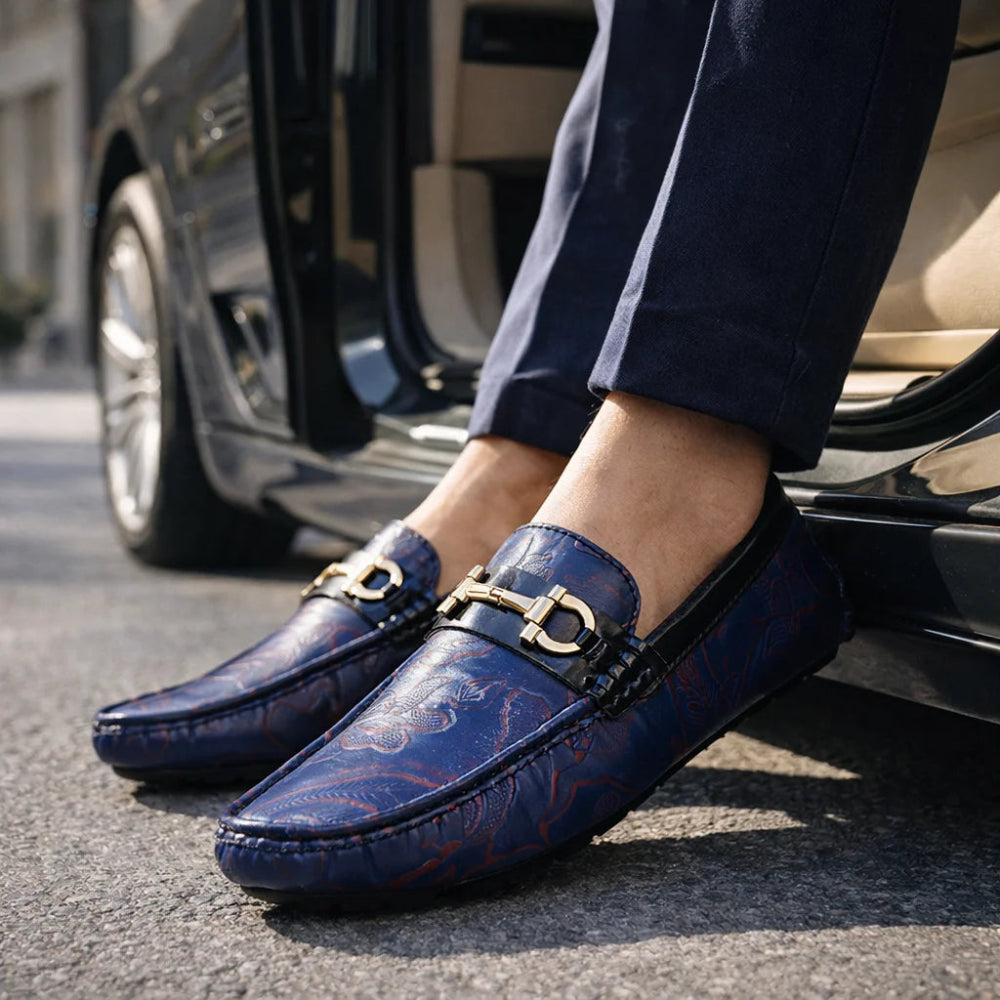 Mocassin Homme Similicuir Bleu Fleuri Rouge Zoom