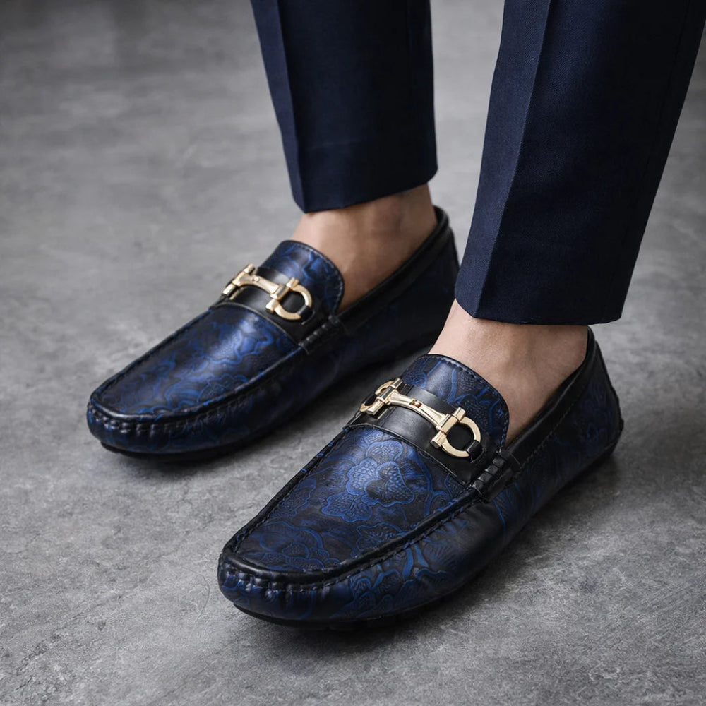Mocassin Homme Similicuir Noir Fleuri bleu Zoom