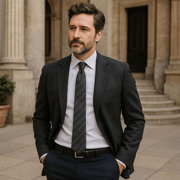 Cravate Coton Gris Anthracite Rayures Diagonales Lifestyle