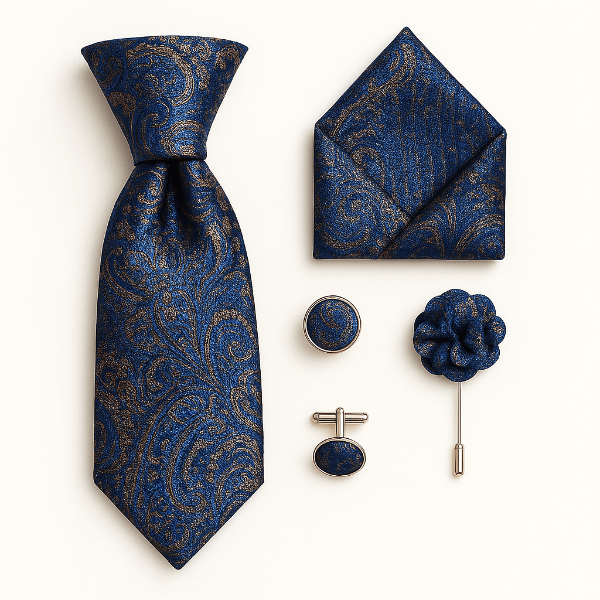 Cravate Paisley Bleu et Doré Ensemble