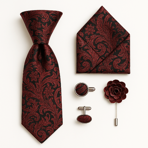 Cravate Paisley Noir et Rouge Ensemble