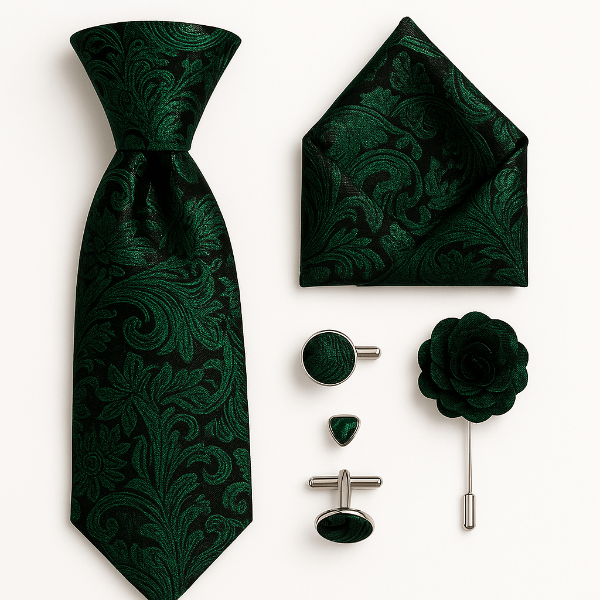 Cravate Paisley Noir et Vert Foncé ensemble