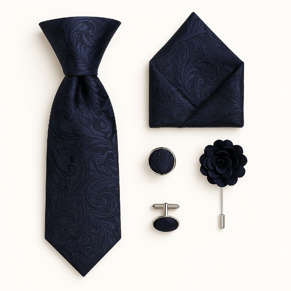 Cravate Paisley Noire et Bleu Foncé ensemble