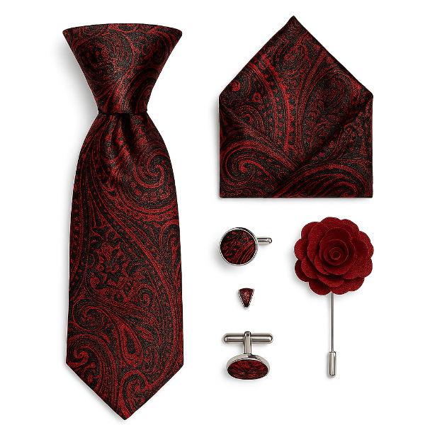 Cravate Paisley Rouge et Noir avec mouchoir, broche et boutons de manchette