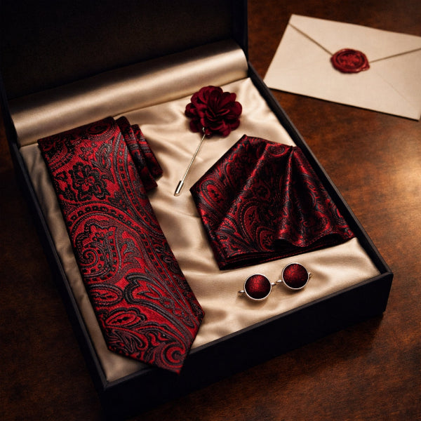 Cravate Paisley Rouge et Noir Coffret