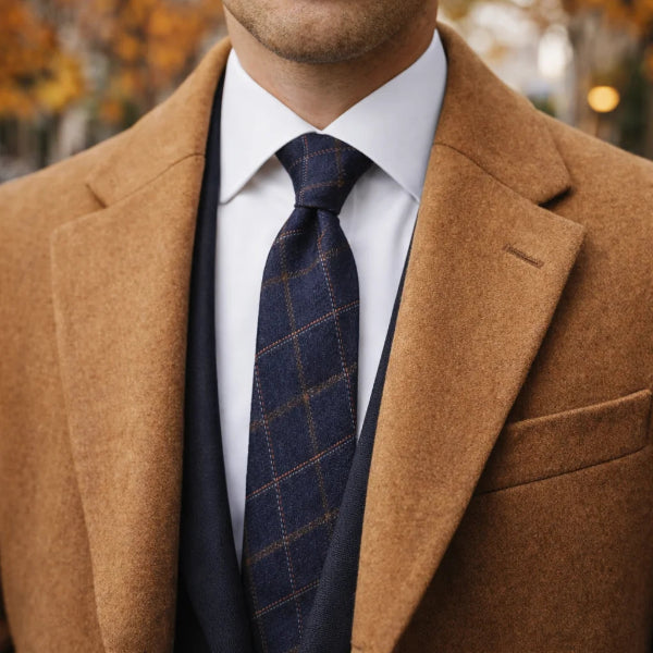 Cravate Coton Bleu Marine à Grands Carreaux Automn