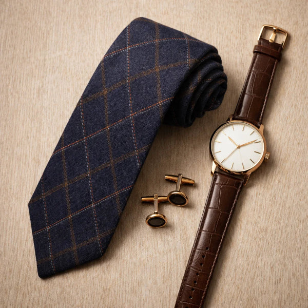 Cravate Coton Bleu Marine à Grands Carreaux Style