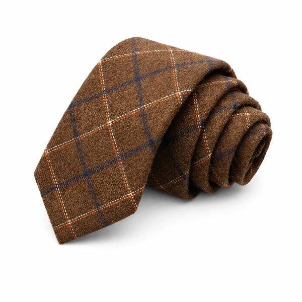 Cravate Coton Brun Noisette à Grands Carreaux