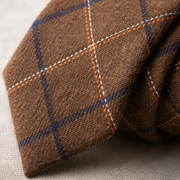 Cravate Coton Brun Noisette à Grands Carreaux Macro