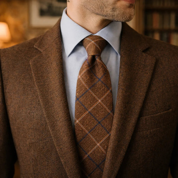 Cravate Coton Brun Noisette à Grands Carreaux Classique