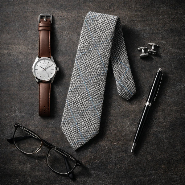 Cravate Coton Prince-de-Galles Gris Flatlay