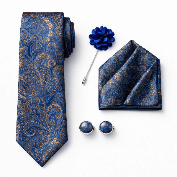 Cravate Paisley Bleu et Doré