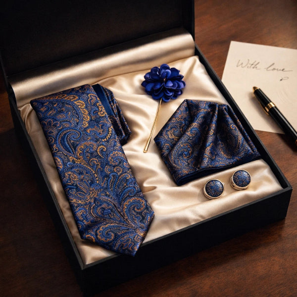 Cravate Paisley Bleu et Doré Coffret