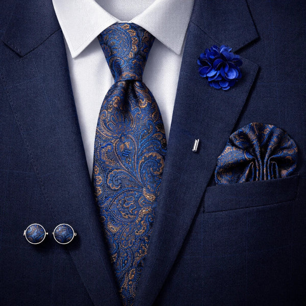 Cravate Paisley Bleu et Doré Ensemble