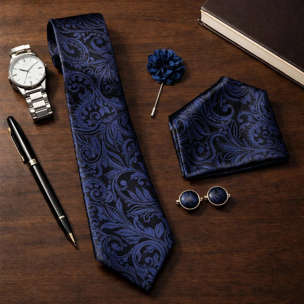 Cravate Paisley Noire et Bleu Foncé Gift