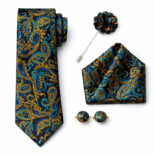 Cravate Paisley Noir et Bleu Doré