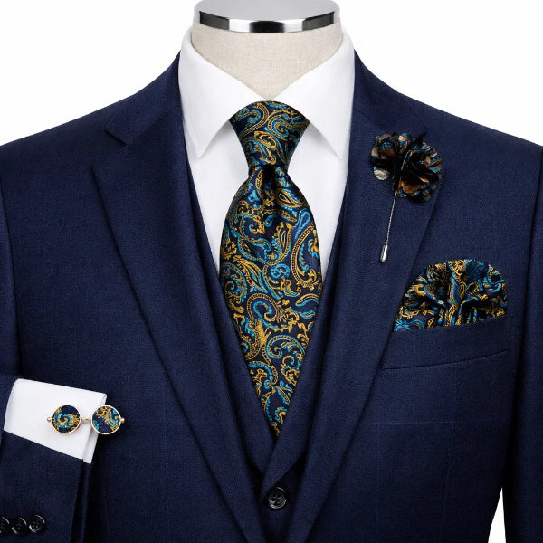 Cravate Paisley Noir et Bleu Doré Ensemble