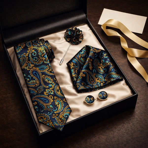 Cravate Paisley Noir et Bleu Doré Coffret