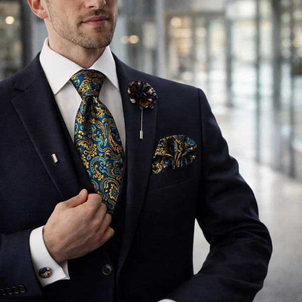 Cravate Paisley Noir et Bleu Doré Confiant