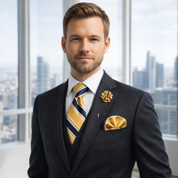 Cravate Rayée Doré et Bleu Affaire