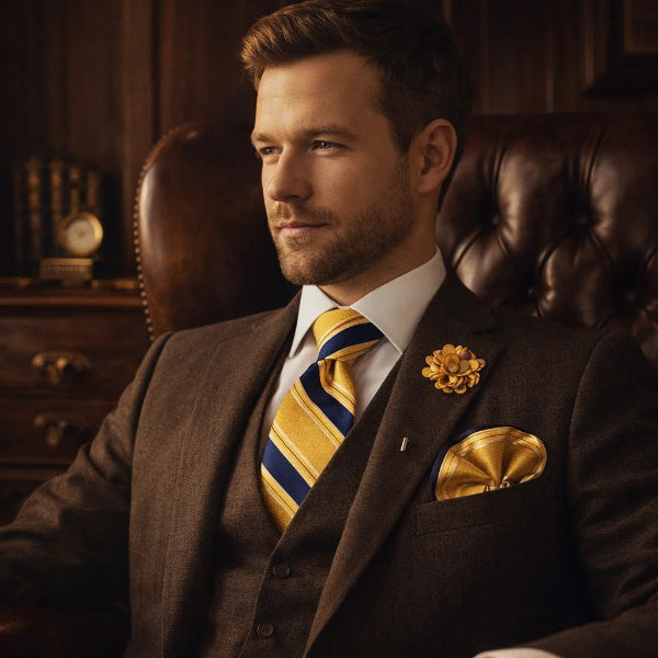 Cravate Rayée Doré et Bleu Elegant