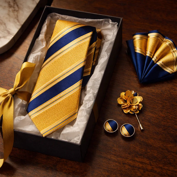 Cravate Rayée Doré et Bleu Gift