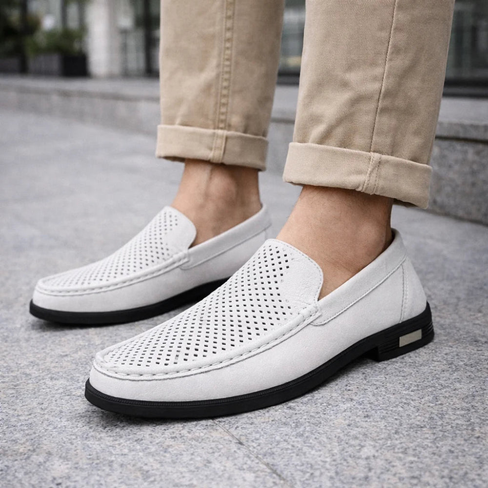 Mocassin Homme Cuir Blanc Perforé Urbain
