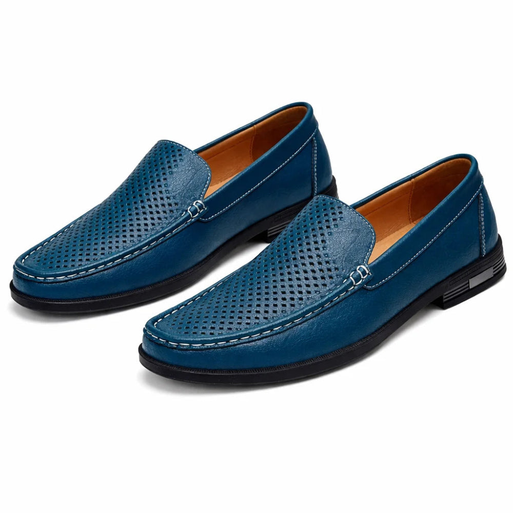 Mocassin Homme Cuir Bleu Océan Perforé Double