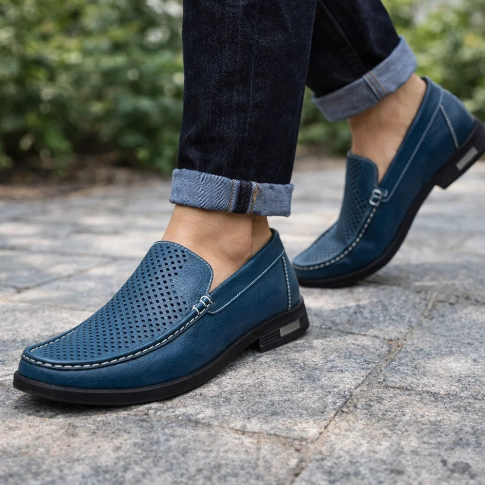 Mocassin Homme Cuir Bleu Océan Perforé Mouvement
