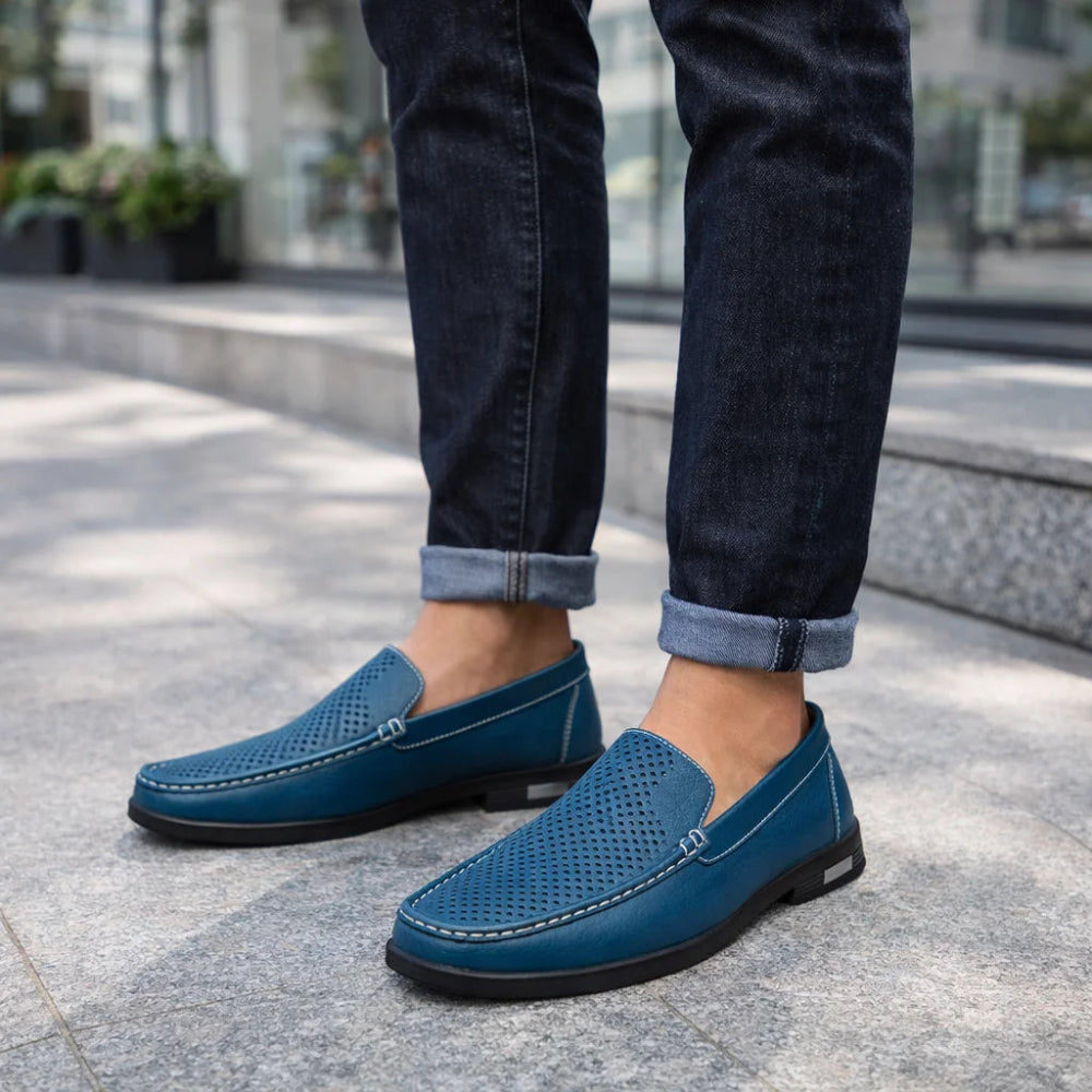 Mocassin Homme Cuir Bleu Océan Perforé Urbain