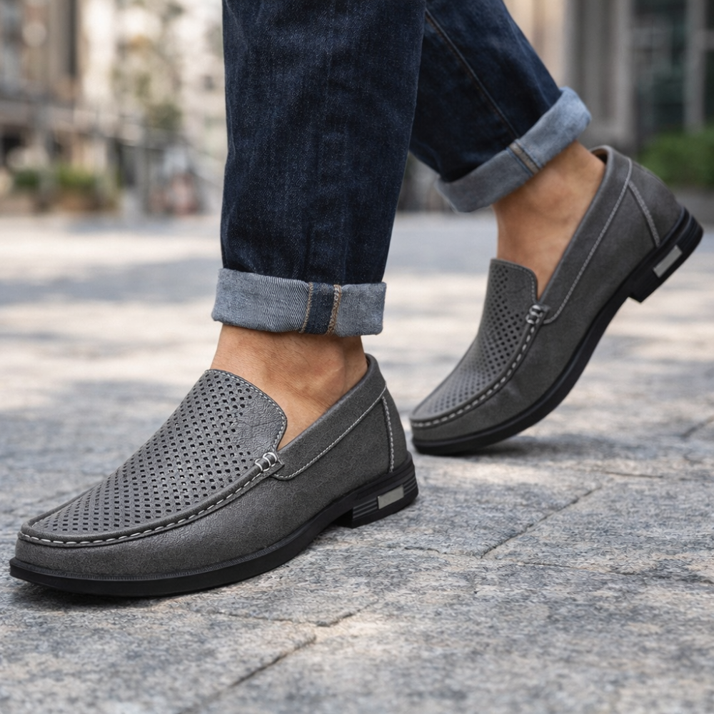 Mocassin Homme Cuir Gris Perforé Porter
