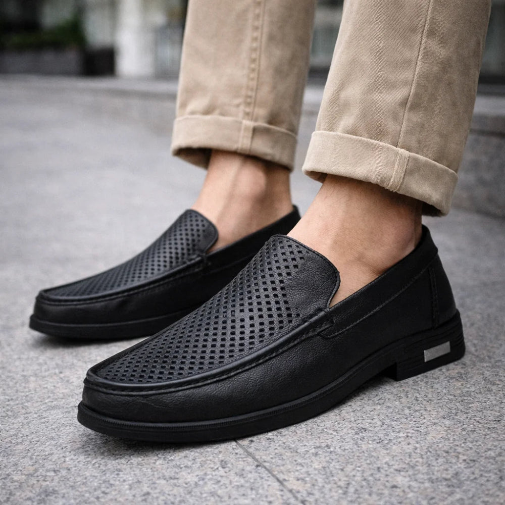 Mocassin Homme Cuir Noir Perforé confort