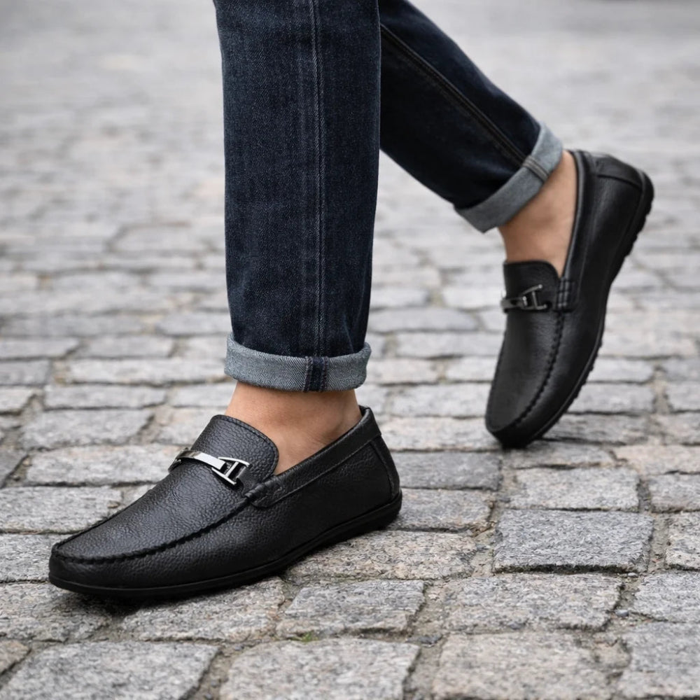 Mocassin Homme Cuir Noir à Mors Mouvement