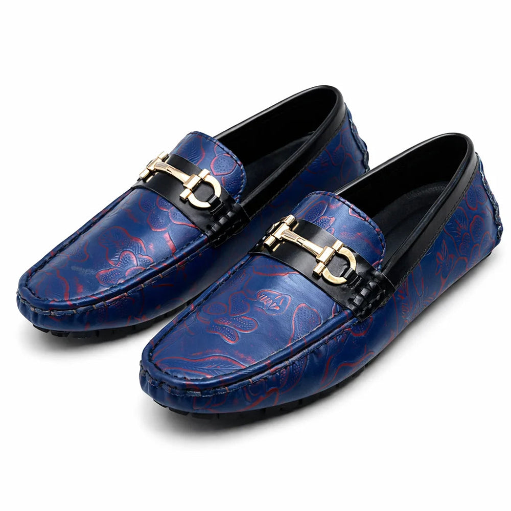 Mocassin Homme Similicuir Bleu Fleuri Rouge