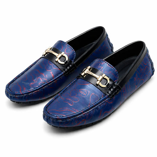 Mocassin Homme Similicuir Bleu Fleuri Rouge
