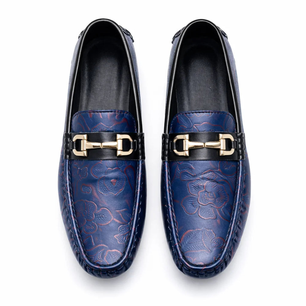 Mocassin Homme Similicuir Bleu Fleuri Rouge Dessus