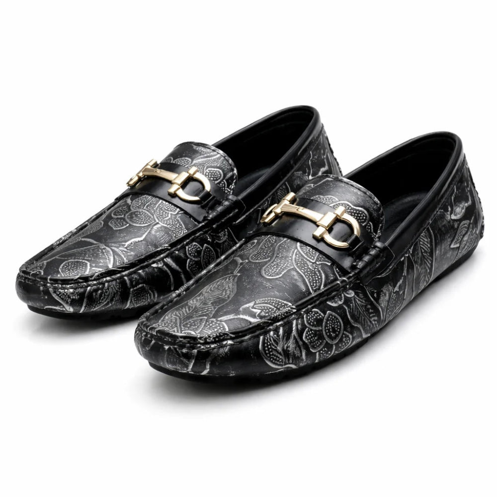 Mocassin Homme Similicuir Noir Fleuri Argent