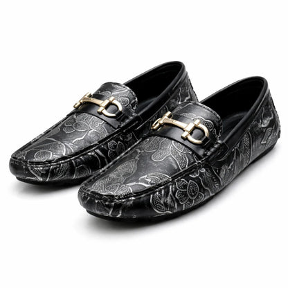 Mocassin Homme Similicuir Noir Fleuri Argent