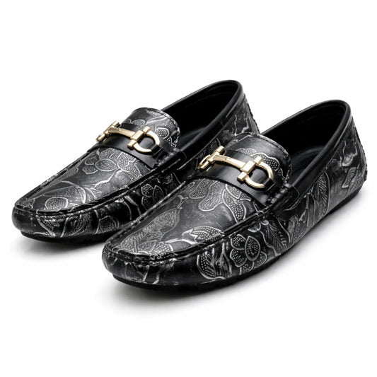 Mocassin Homme Similicuir Noir Fleuri Argent