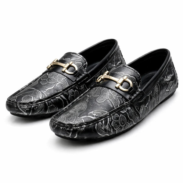 Mocassin Homme Similicuir Noir Fleuri Argent