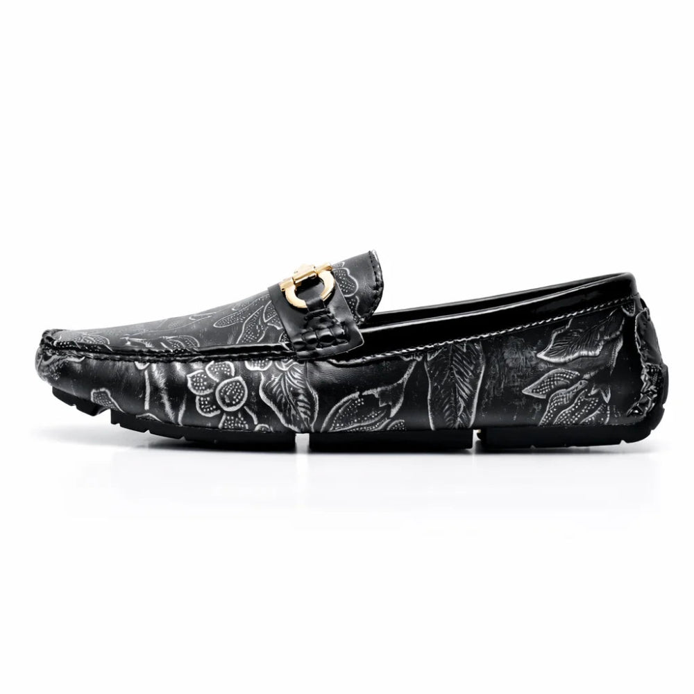 Mocassin Homme Similicuir Noir Fleuri Argent Coter