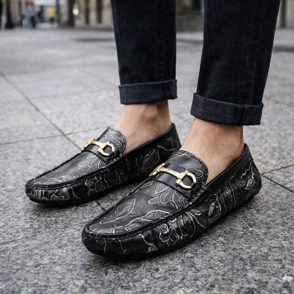 Mocassin Homme Similicuir Noir Fleuri Argent Rue