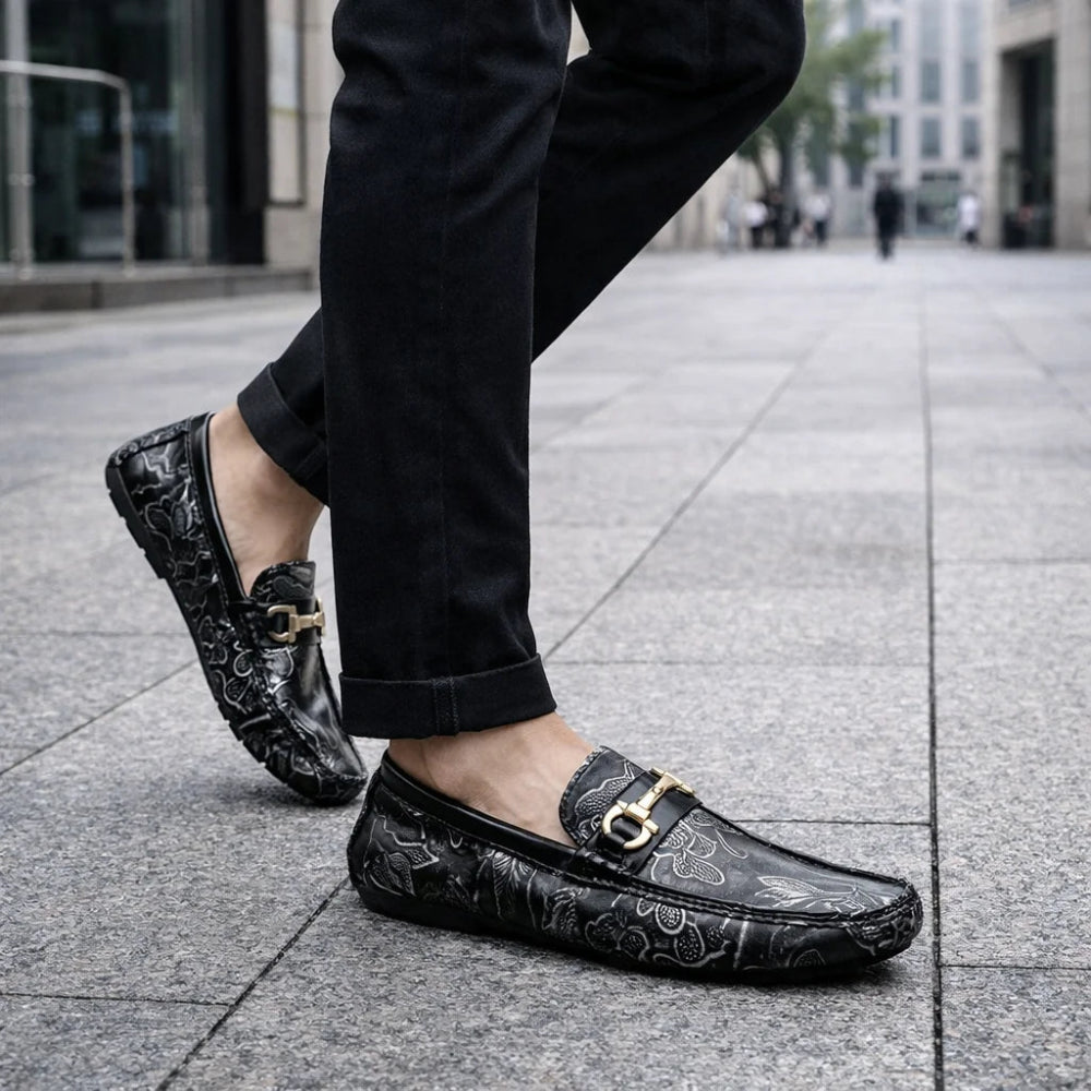 Mocassin Homme Similicuir Noir Fleuri Argent Mouvement