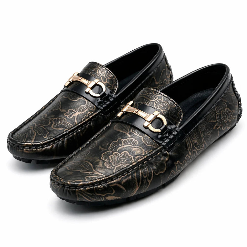 Mocassin Homme Similicuir Noir Fleuri Or