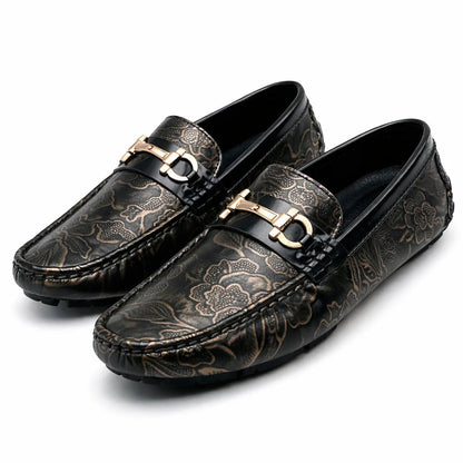 Mocassin Homme Similicuir Noir Fleuri Or