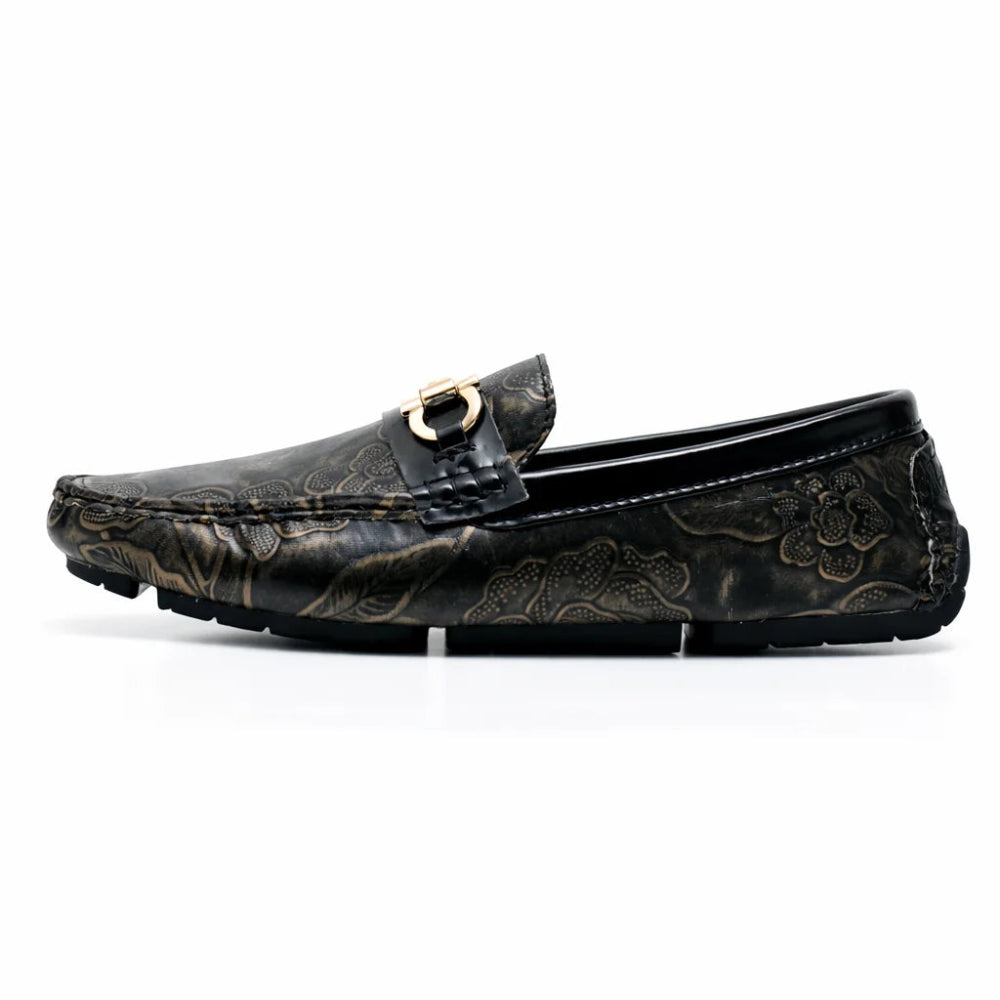Mocassin Homme Similicuir Noir Fleuri Or Coter