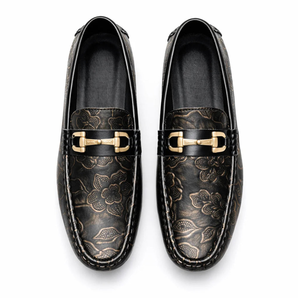 Mocassin Homme Similicuir Noir Fleuri Or Dessus