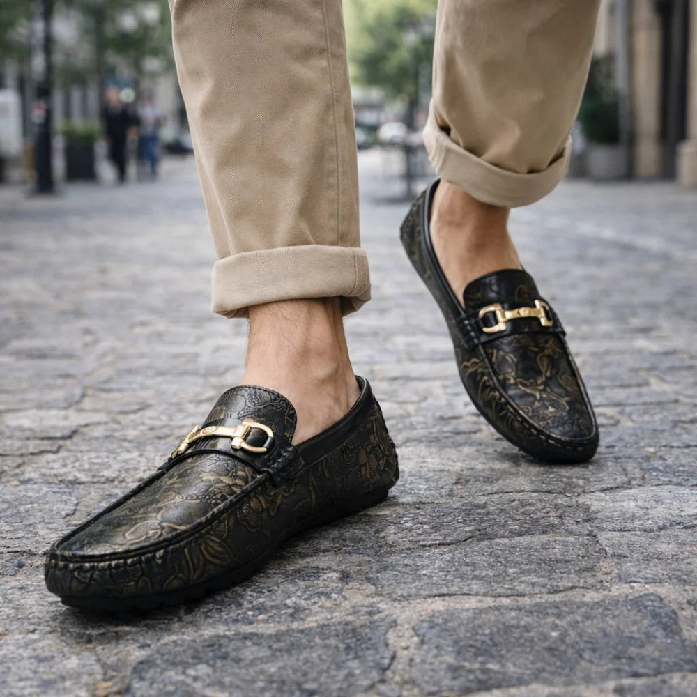 Mocassin Homme Similicuir Noir Fleuri Or rue