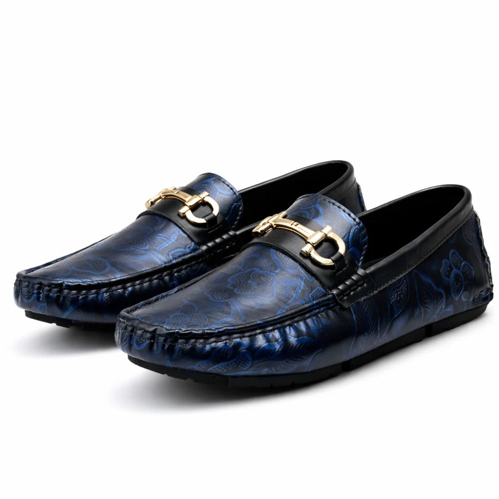 Mocassin Homme Similicuir Noir Fleuri bleu